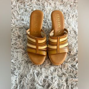 Italian Shoemakers Tan and Cream Leather Wedge Sandals